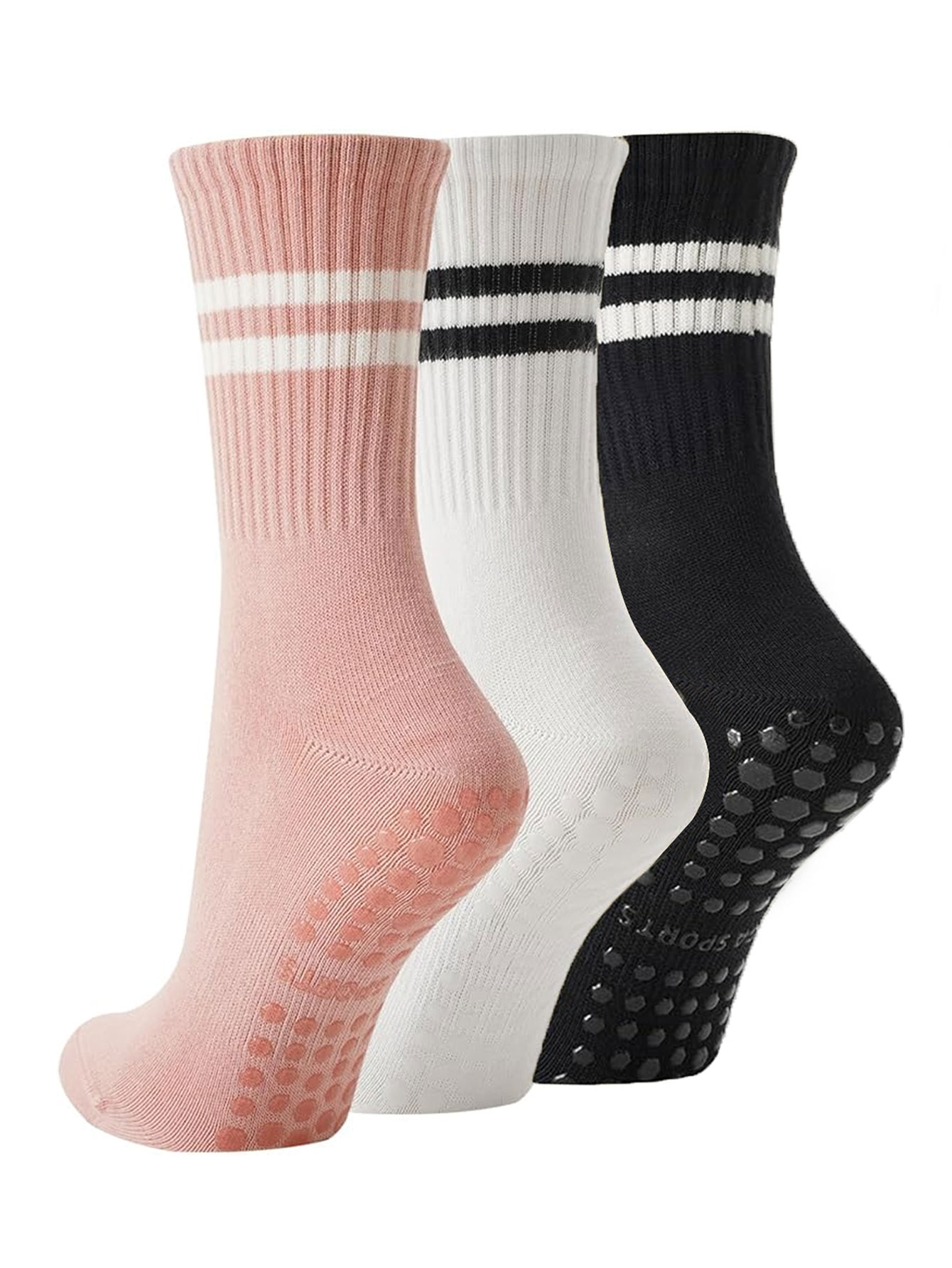 Medias Para Pilates Y Yoga - 3足組のヨガソックス、滑り止め付きプロフェッショナル女性用ピラティス厚手スポーツフィットネスランニング縄跳び用滑り止めソックス、室内フィットネスソックス