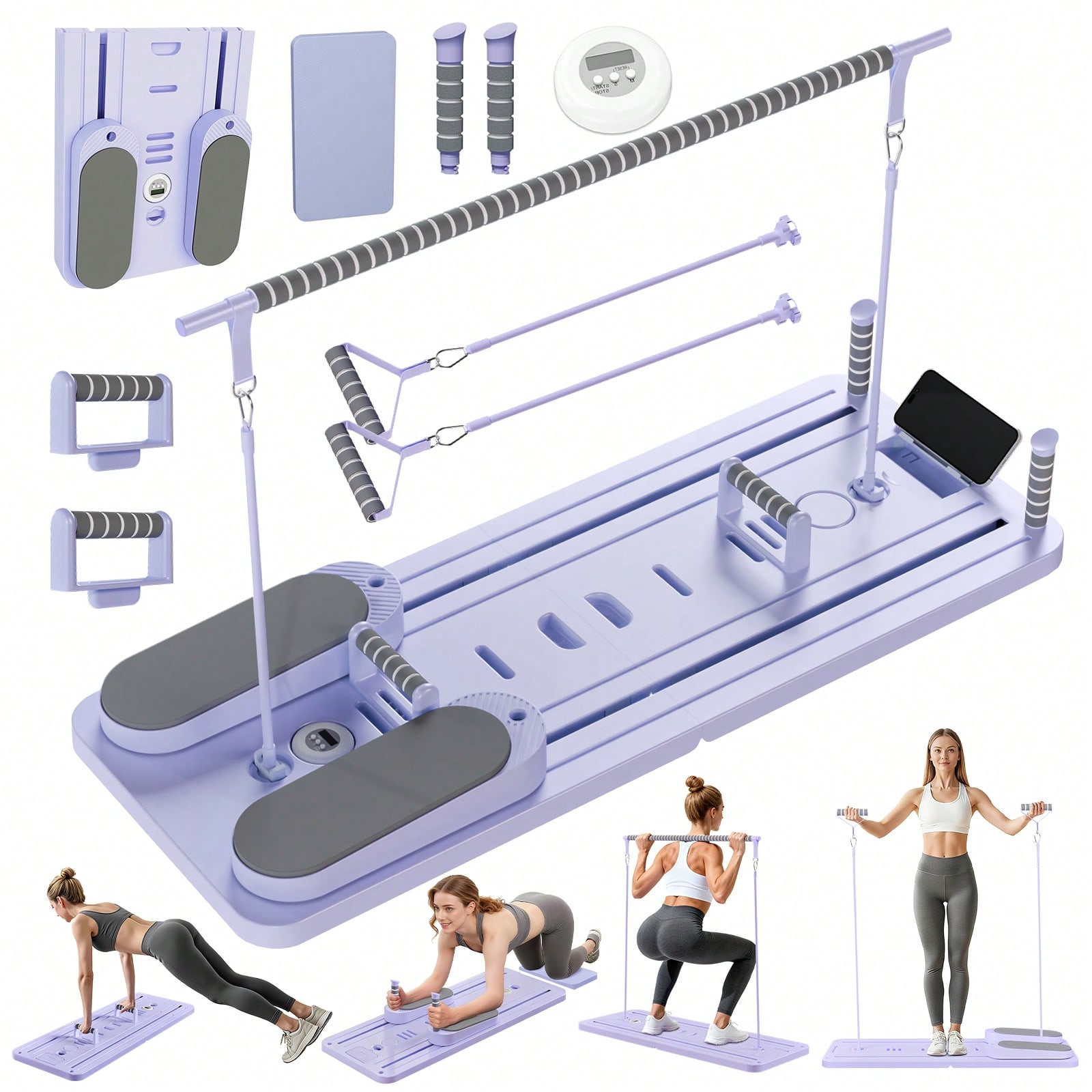 Pilates & Yoga Elastic Band - バー付きピラティスリフォーマー、スマホホルダー付きピラティスボード、多目的折りたたみ式ピラティスリフォーマーマシン、コア＆腹部トレーニング用ピラティススカルプティングマシン、自宅トレーニング用ポータブルホームピラティススライダーボード、フィットネス、エクササイズ、腹筋トレーニング用