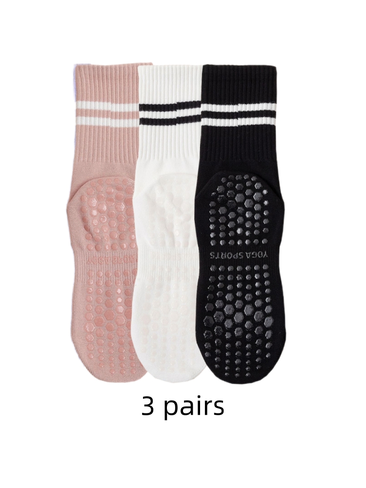 Medias Para Pilates Y Yoga - ヨガソックス 3 足、ミディアムレングスソックス、ピュアコットン滑り止めシリコン屋内フィットネスピラティス、女性用スポーツソックス卸売
