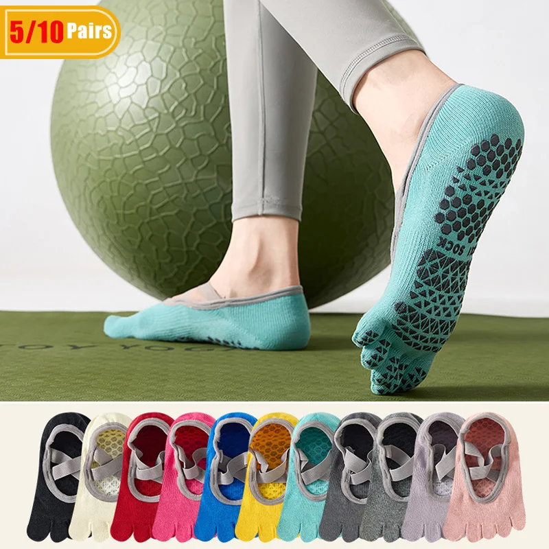 Pilates Yoga And Gym - 5/10 ペアの女性用コットンヨガ 5 本指ソックス汗吸収ソフト滑り止めシリコンカジュアルピラティスジムボートトゥノーショーソックス