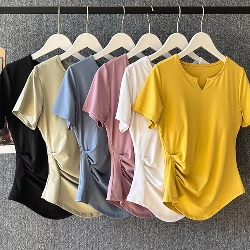 Pilates Yoga Top - 女性用ヨガウェア 夏用ピラティストレーニングフィットネストップ 高級スポーツランニングセット 半袖速乾Tシャツ