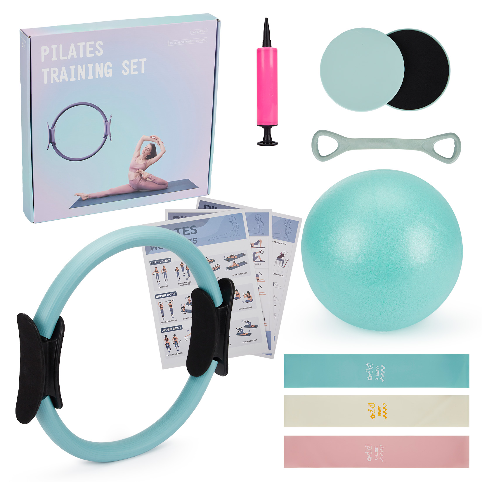 Pilates Yoga Barı - ピラティス トレーニングセット、6-in-1 ピラティスリング、エクササイズボール、レジスタンスバンド、コアスライダー、トーニングバー、ホームジムヨガフィットネス用ワークアウトガイド
