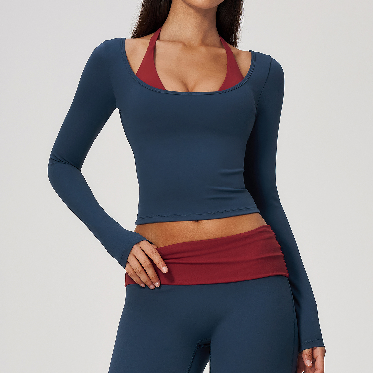 2-in-1フェイクツーピースホルターヨガトップ、長袖スリム - Pilates Yoga Top のレビューと価格